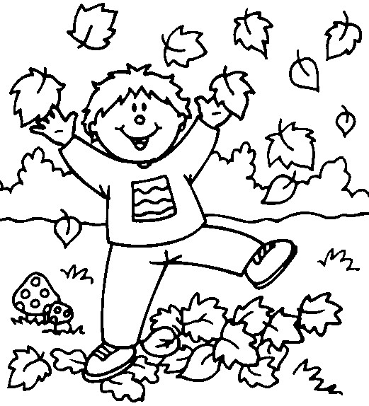 Online coloring book: Coloring book boy is playing with leaves